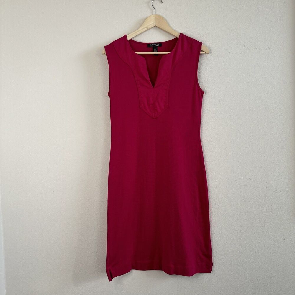LAUREN RALPH LAUREN WOMEN'S DRESS Size M HoT Pink  SPLIT V-NECK SLEEVELESS